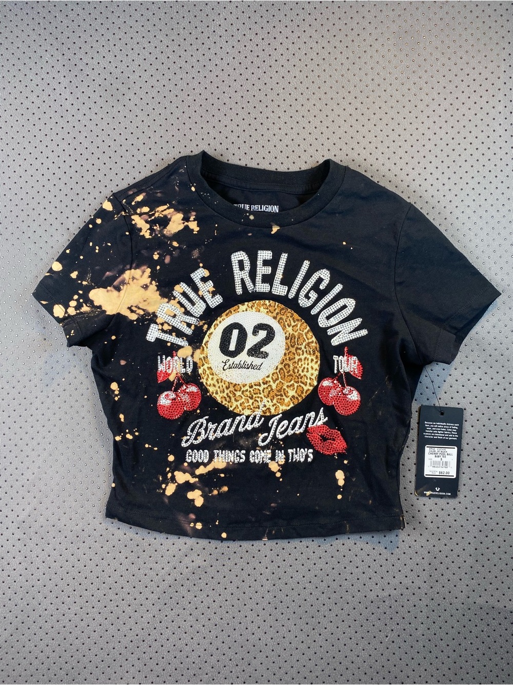 True Religion Black Tee with Gold Bleach, Leopard Medallion & Red Cherry Accents